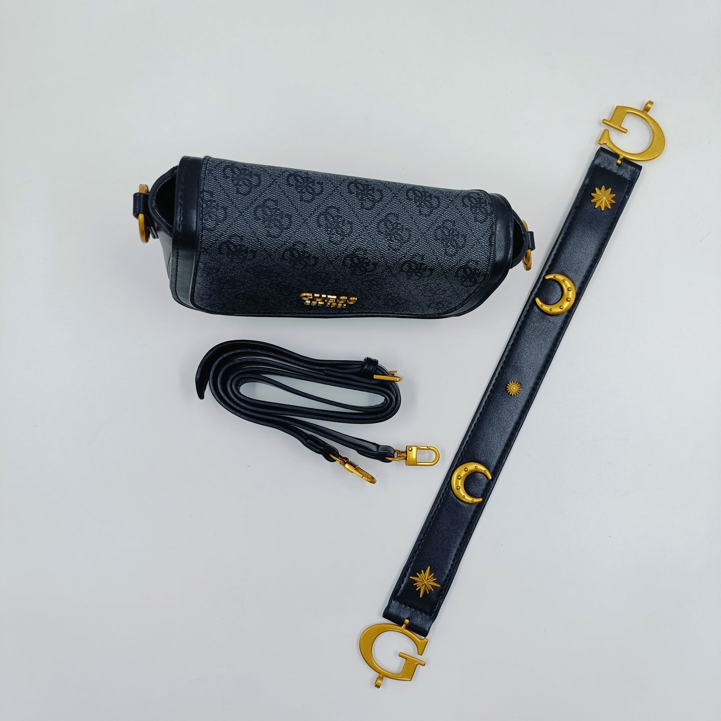 GUESS Signature Crossbody Bag – Midnight Monogram | Gold Logo & Dual Straps