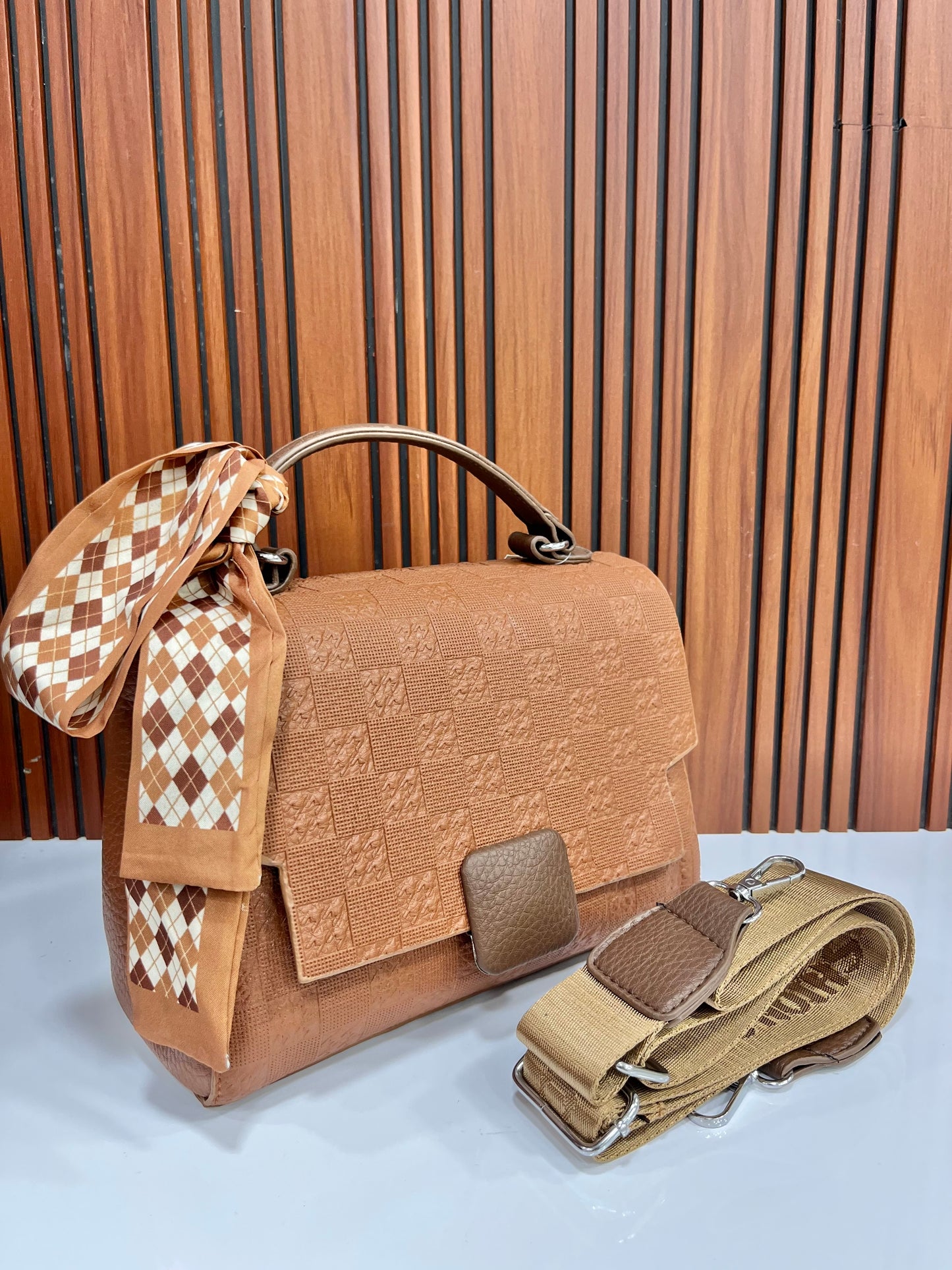 Weave Closet Clay & Chic Handbag with Printed Scarf Detail