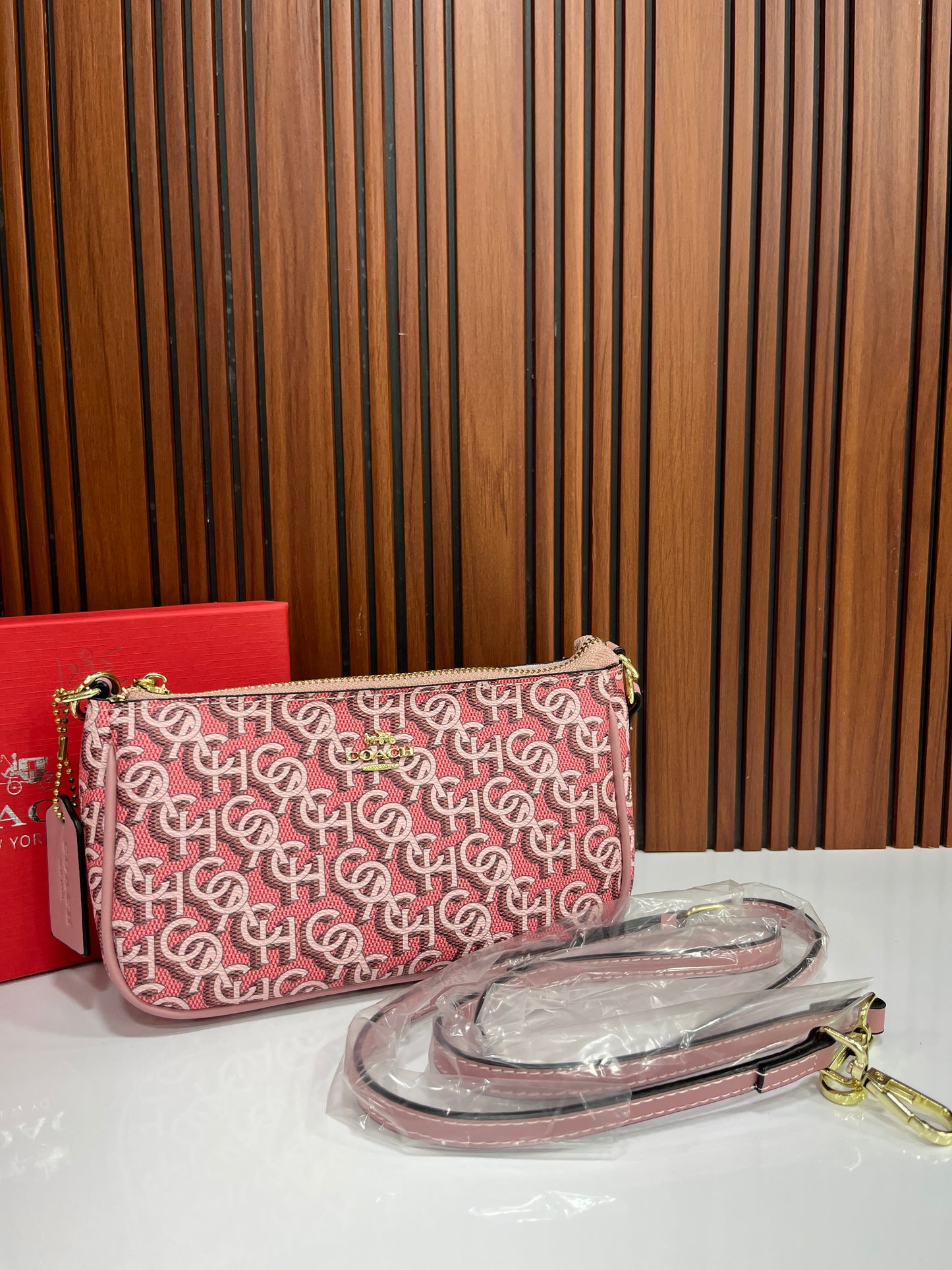 Coach Signature Pink Canvas Small Shoulder Handbag