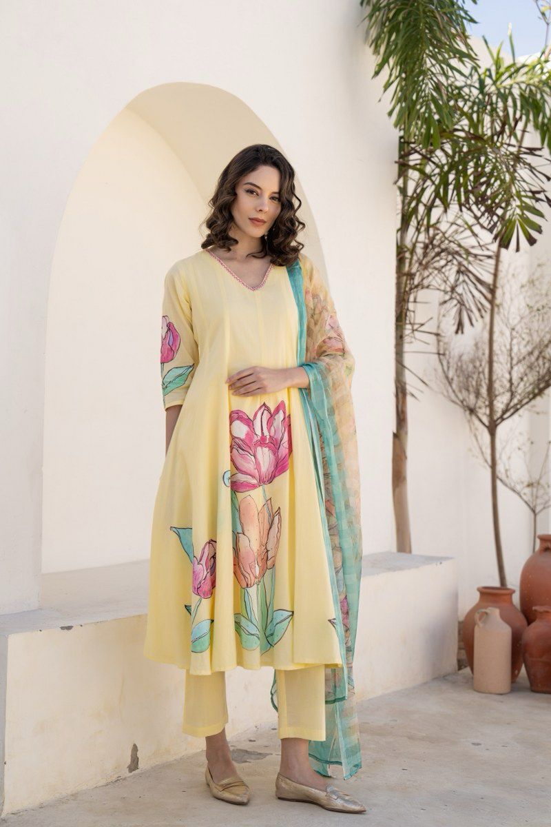 Sunlit Bloom Hand-Painted Yellow Mul Cotton Anarkali Suit