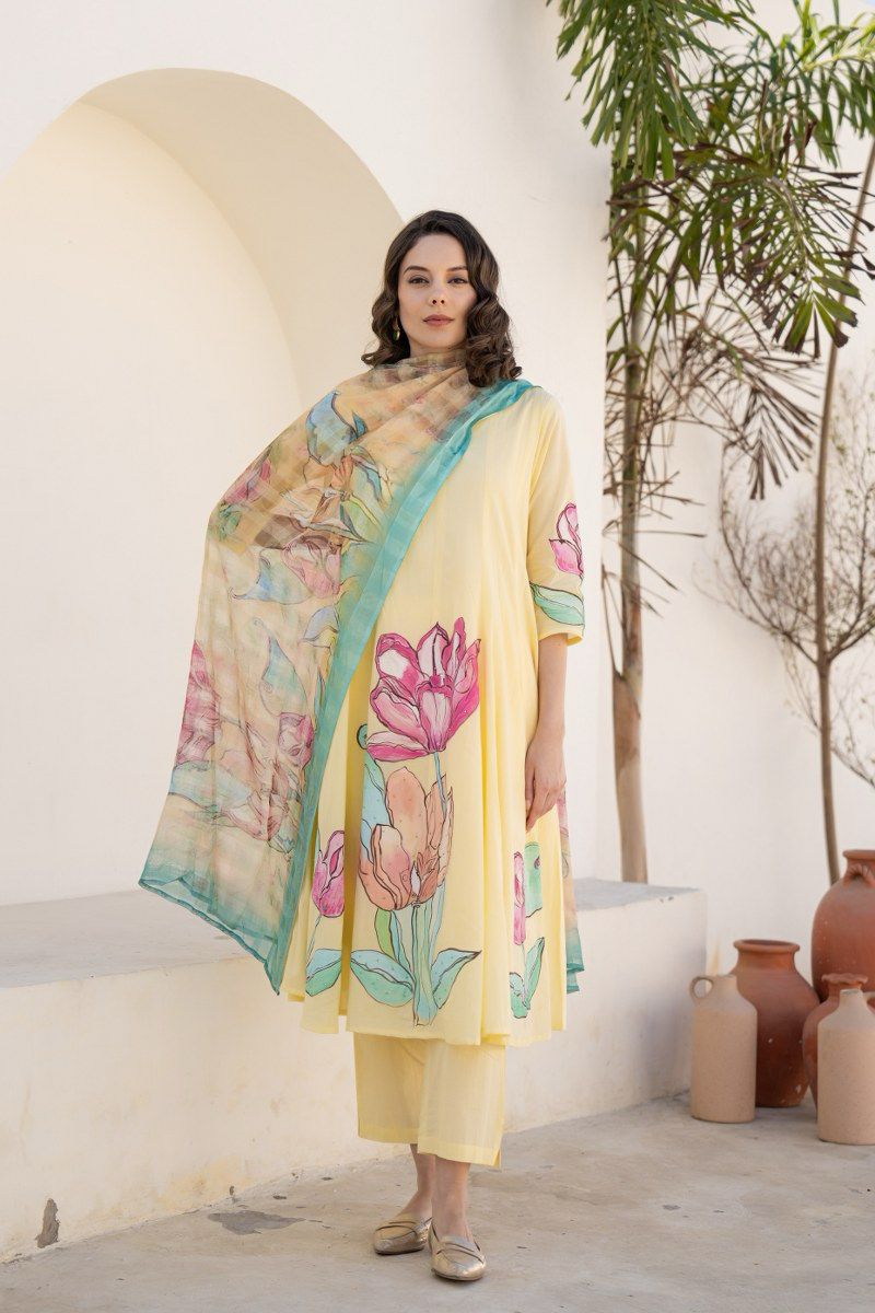 Sunlit Bloom Hand-Painted Yellow Mul Cotton Anarkali Suit