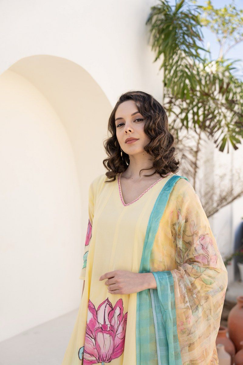 Sunlit Bloom Hand-Painted Yellow Mul Cotton Anarkali Suit