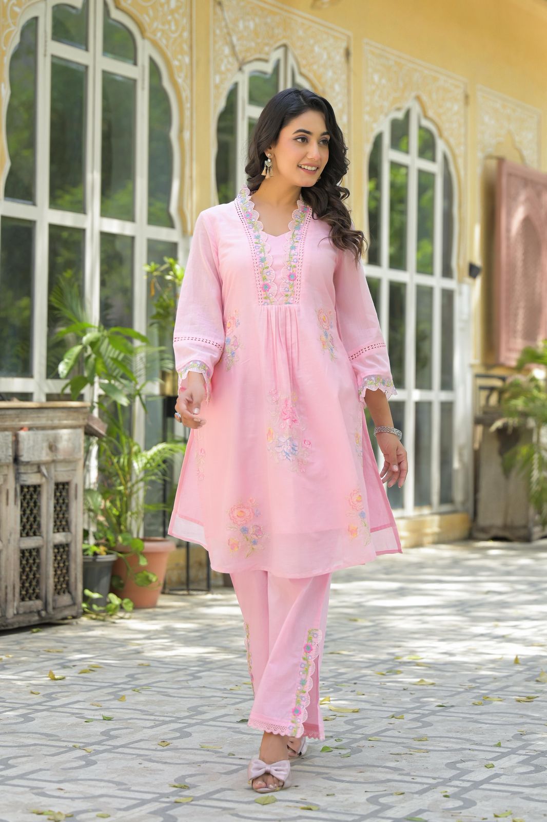 Blush Bloom Pink Floral Embroidered Mul Cotton Co-ord Set