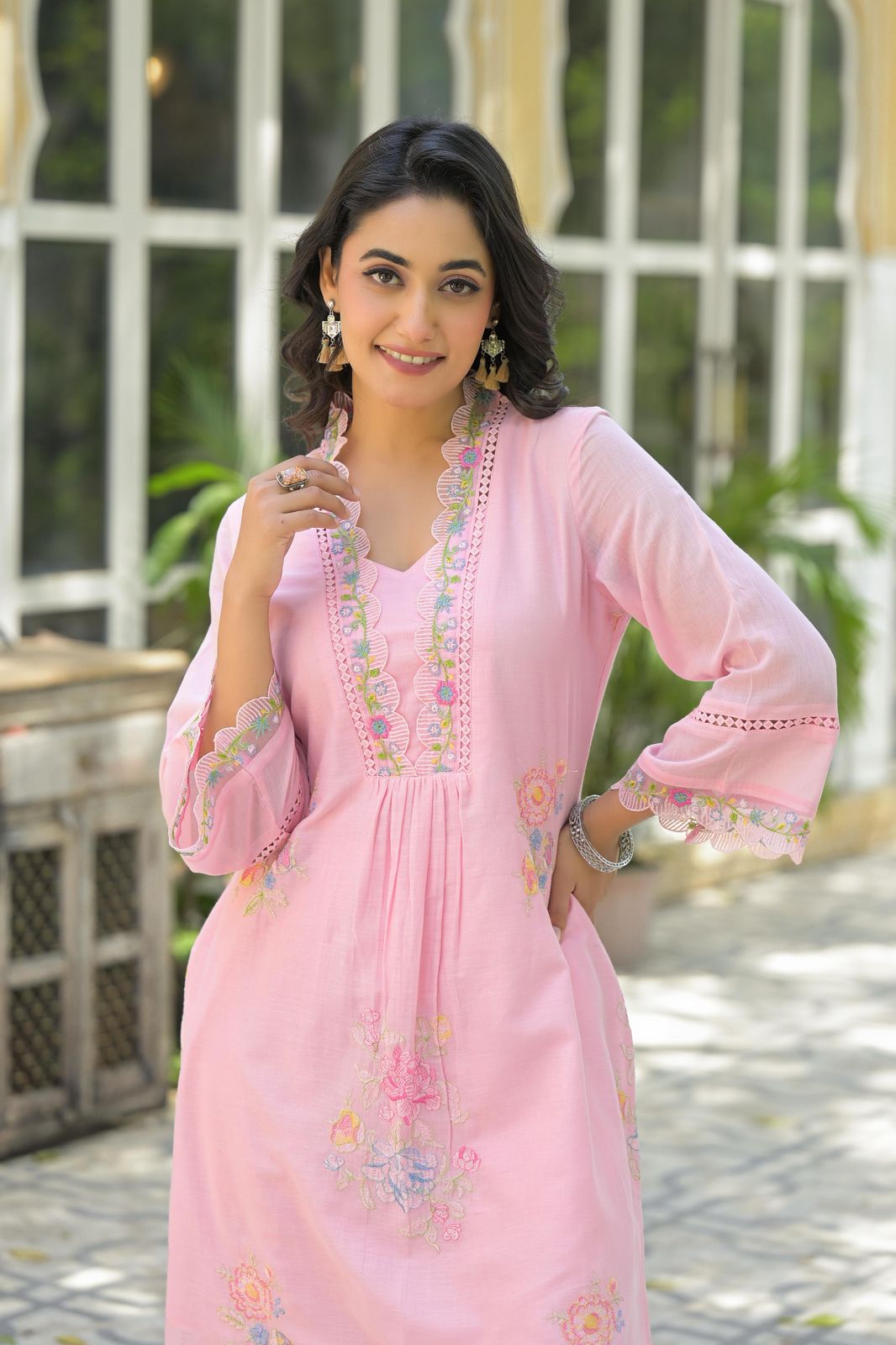Blush Bloom Pink Floral Embroidered Mul Cotton Co-ord Set