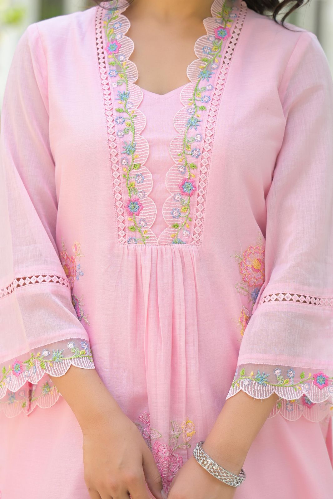 Blush Bloom Pink Floral Embroidered Mul Cotton Co-ord Set