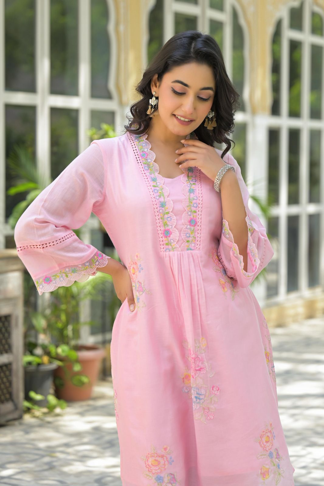 Blush Bloom Pink Floral Embroidered Mul Cotton Co-ord Set