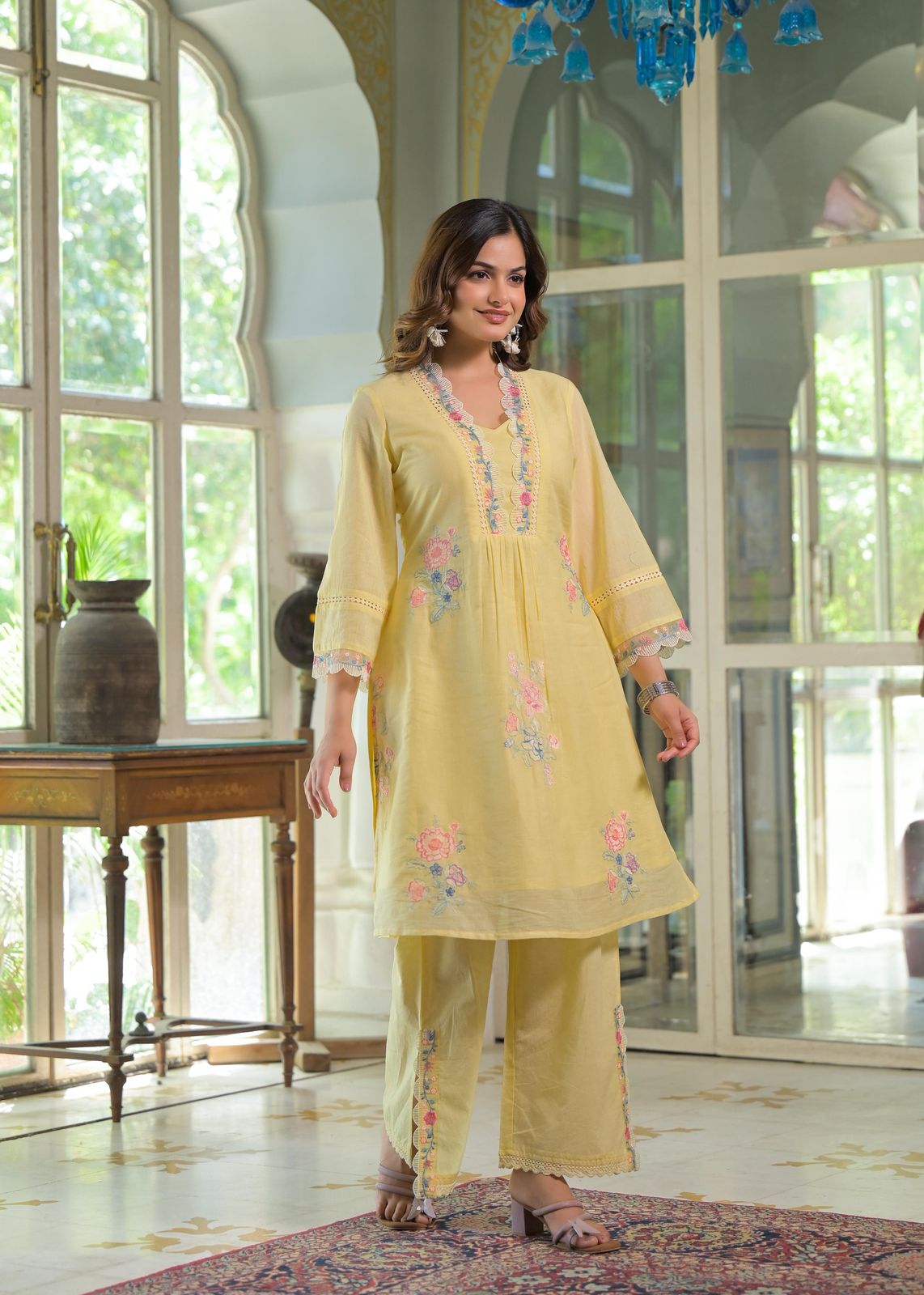 Blush Bloom Lemon Floral Embroidered Mul Cotton Co-ord Set