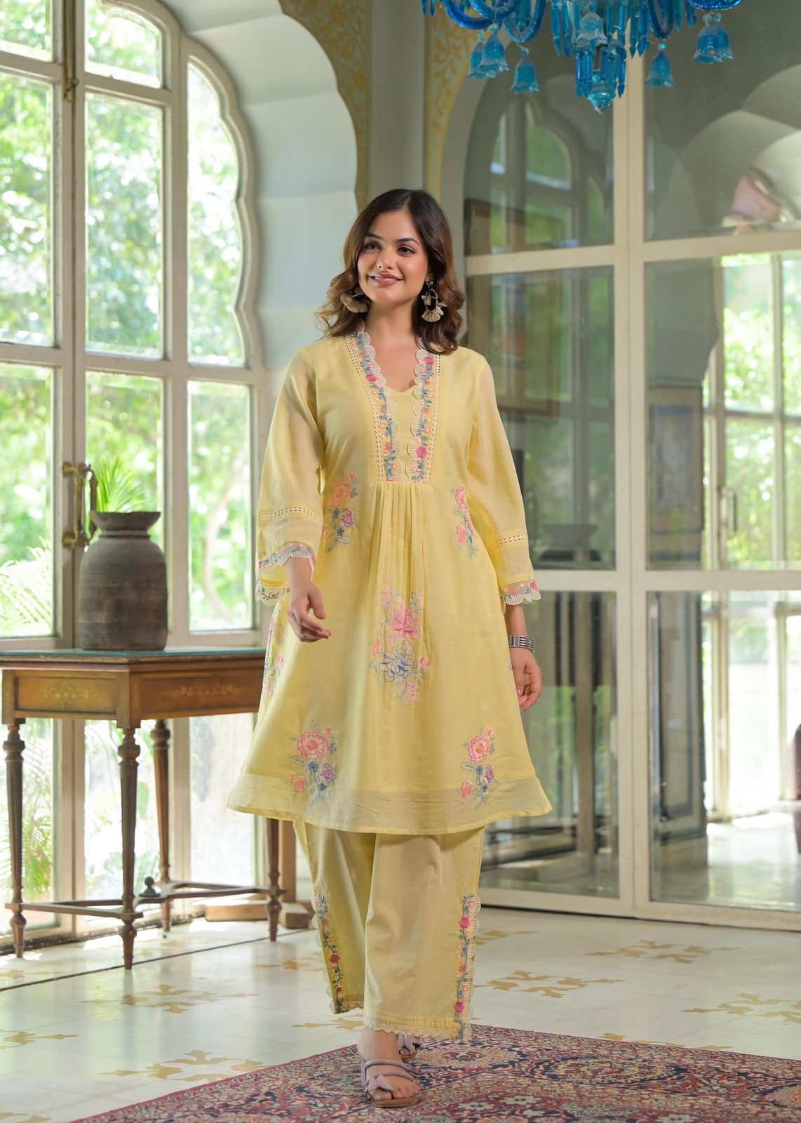 Blush Bloom Lemon Floral Embroidered Mul Cotton Co-ord Set