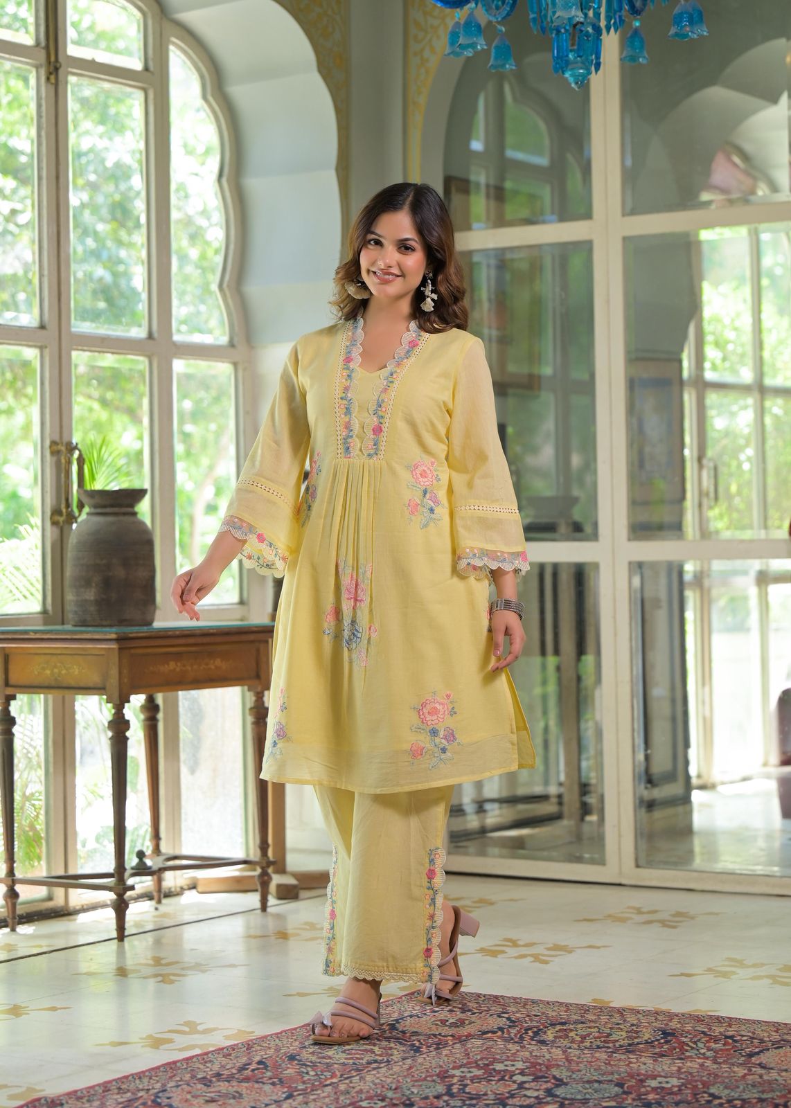 Blush Bloom Lemon Floral Embroidered Mul Cotton Co-ord Set