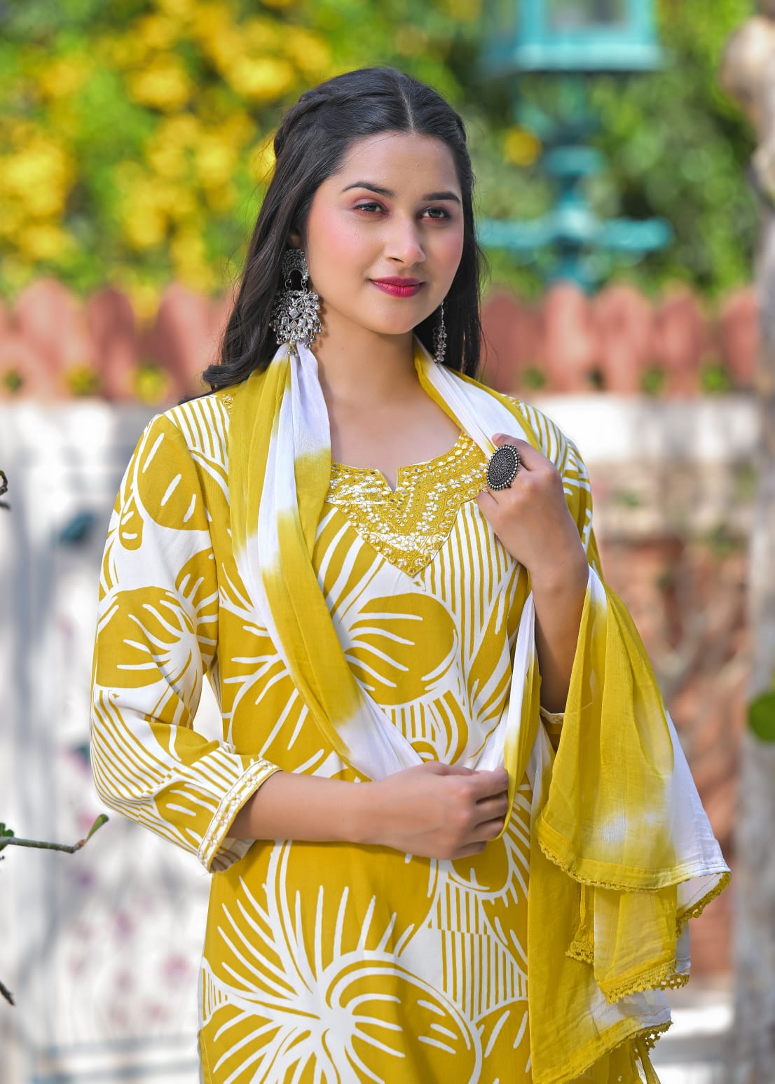 Yellow Blossom Rayon Cotton Readymade Suit