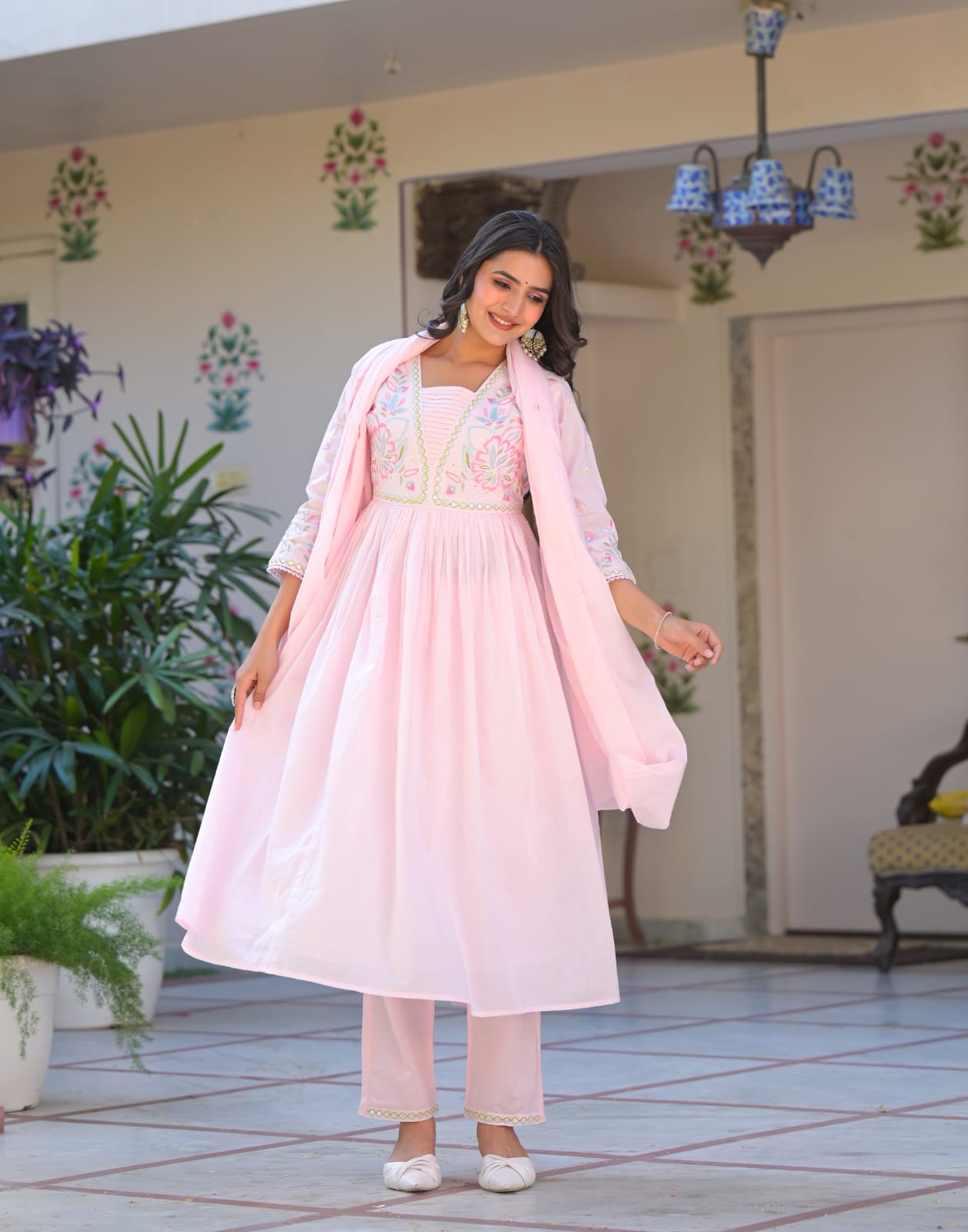 Weave Closet Blush Pink Embroidered Cotton Anarkali Suit Set