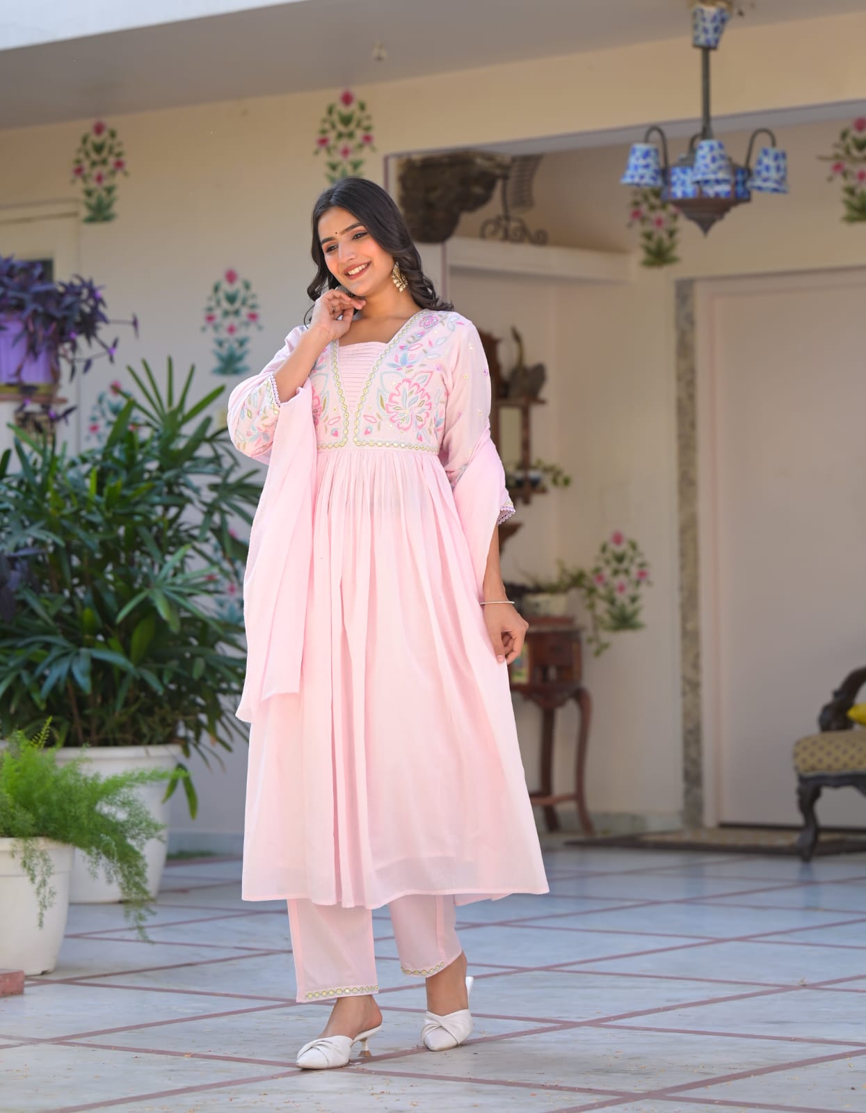 Weave Closet Blush Pink Embroidered Cotton Anarkali Suit Set