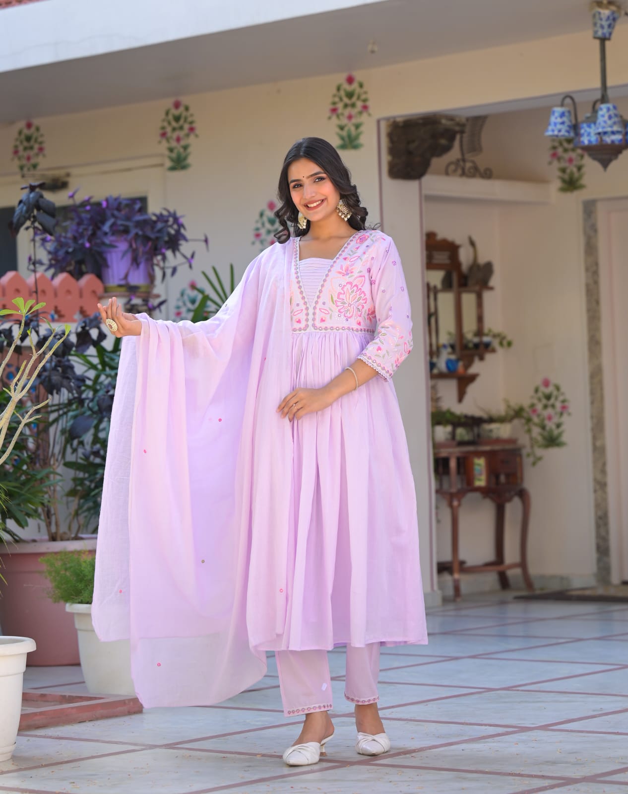 Weave Closet Blush Pink Embroidered Cotton Anarkali Suit Set