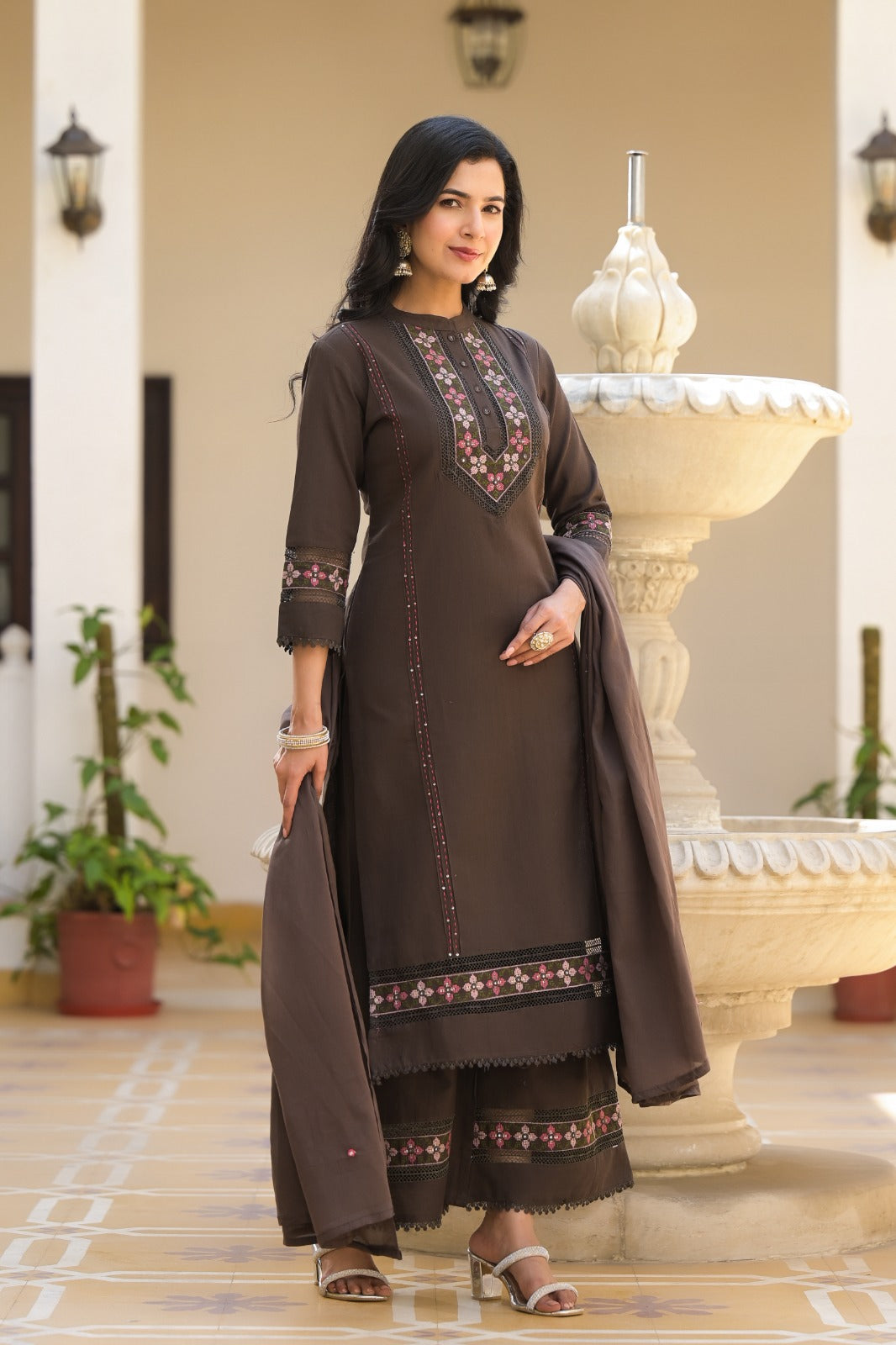 Weave Closet Chocolate Brown Readymade Palazzo Set