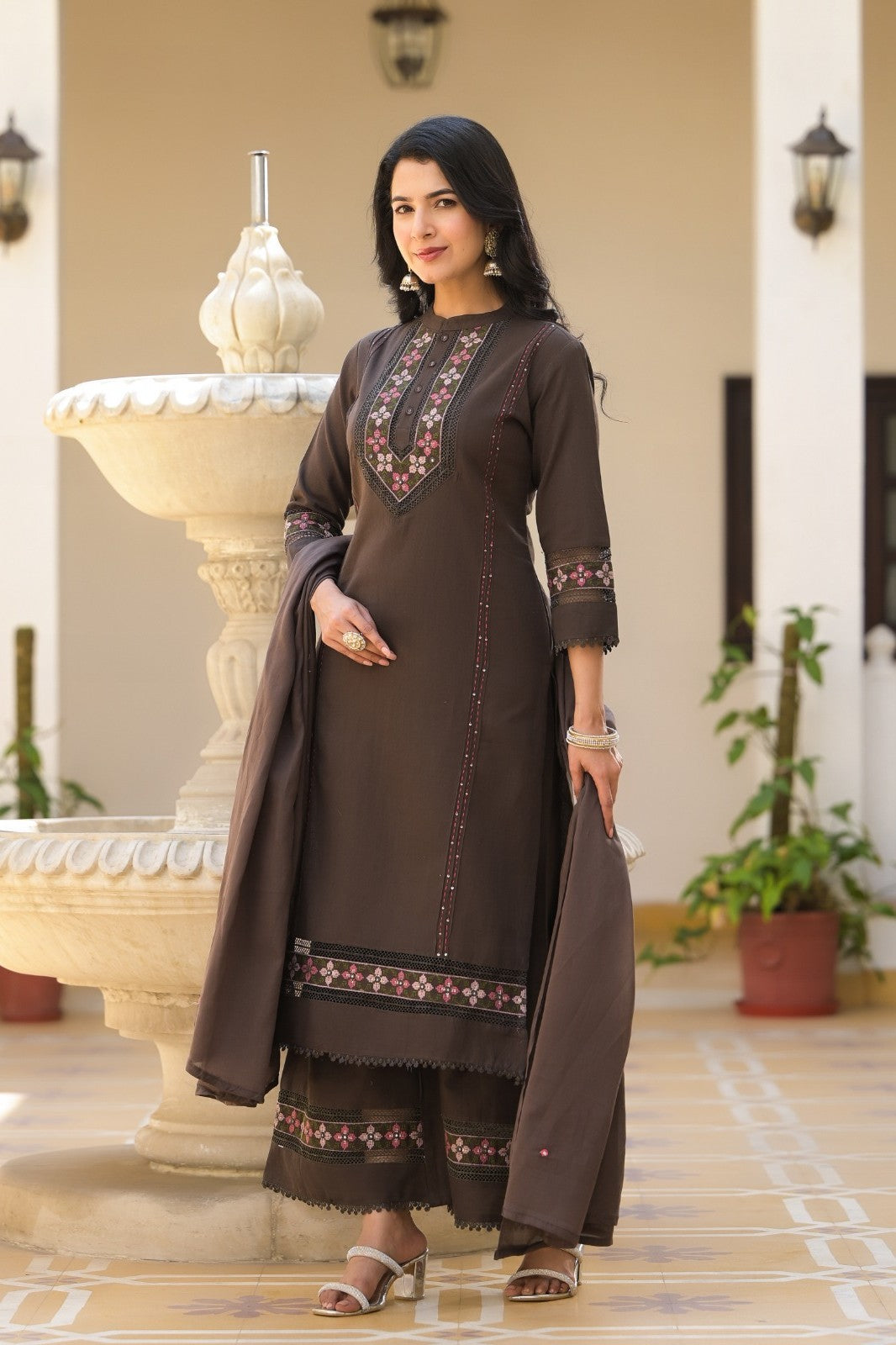 Weave Closet Chocolate Brown Readymade Palazzo Set