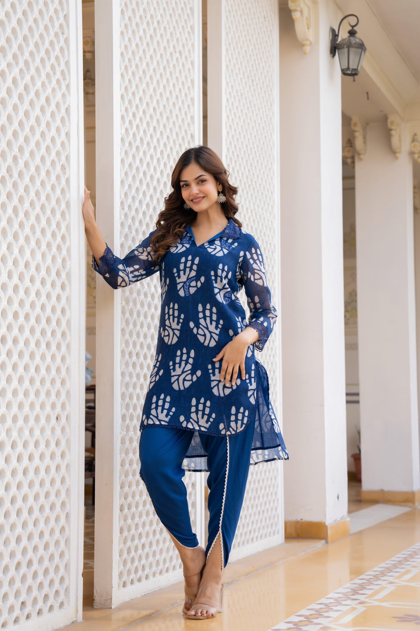 Indigo Petal Hand block Tulip Pant Co-Ord Set