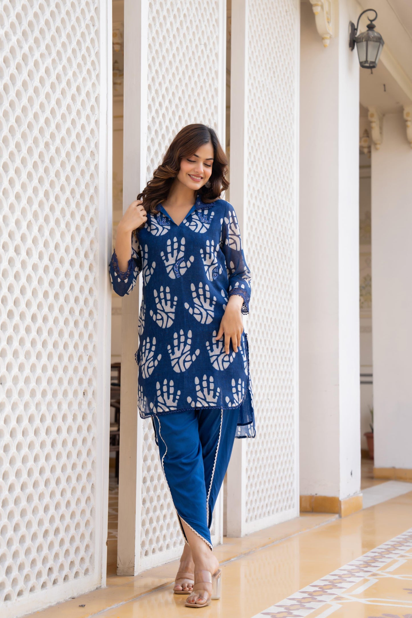 Indigo Petal Hand block Tulip Pant Co-Ord Set
