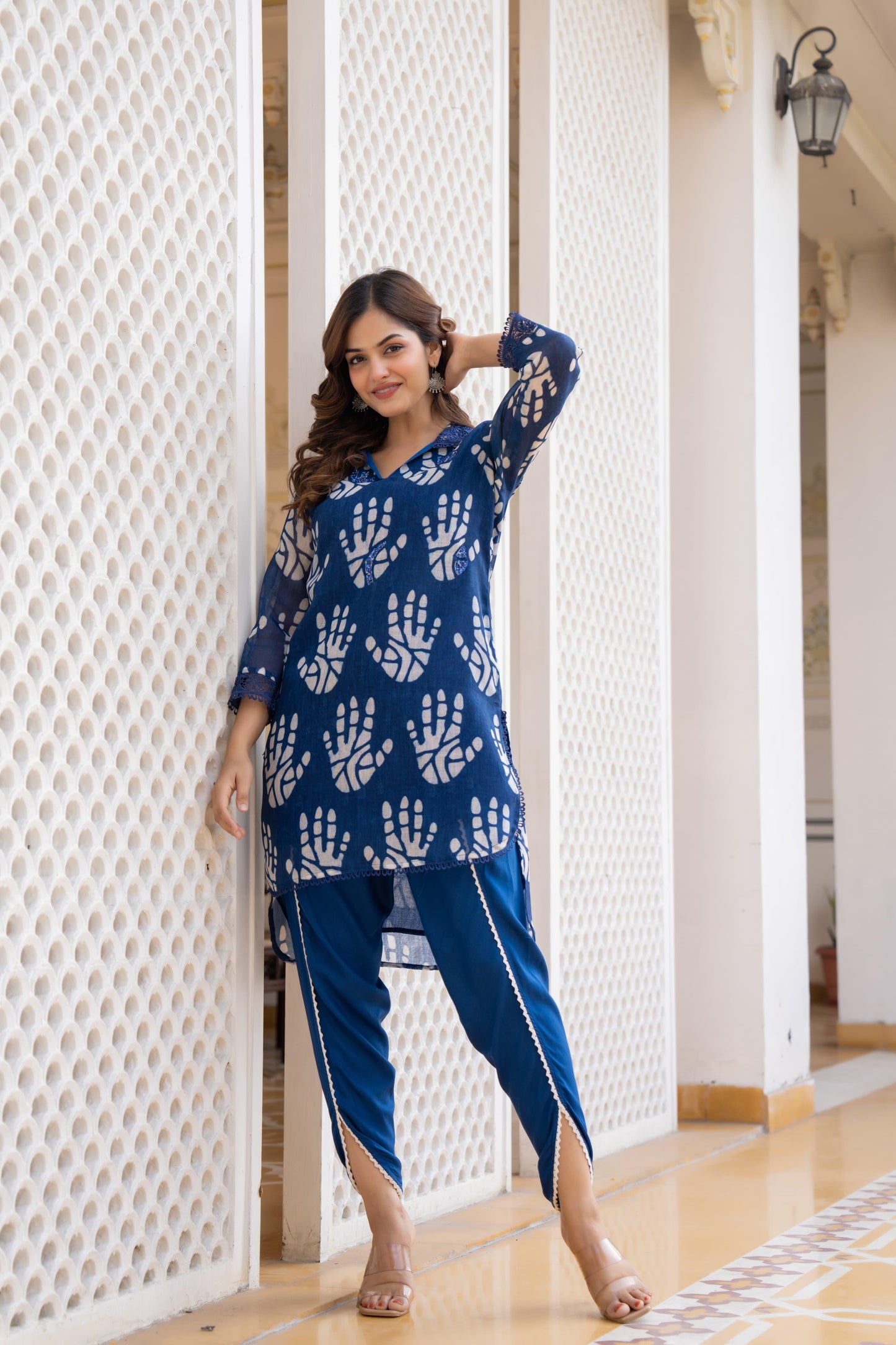 Indigo Petal Hand block Tulip Pant Co-Ord Set