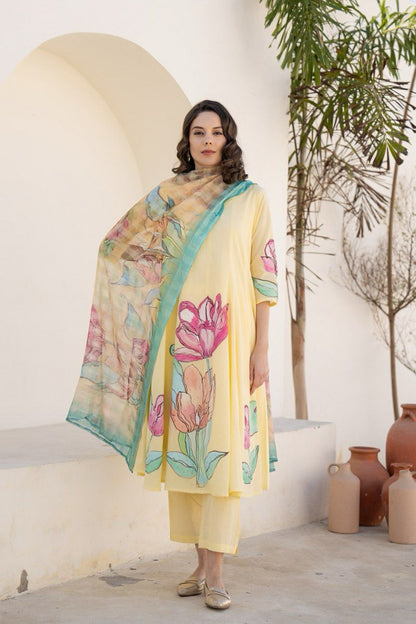Sunlit Bloom Hand-Painted Yellow Mul Cotton Anarkali Suit