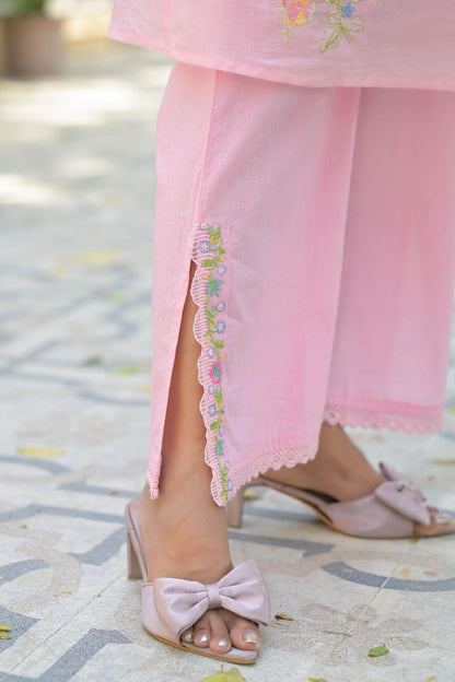 Blush Bloom Pink Floral Embroidered Mul Cotton Co-ord Set