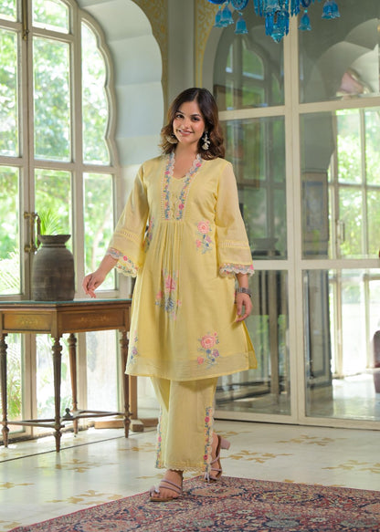 Blush Bloom Lemon Floral Embroidered Mul Cotton Co-ord Set