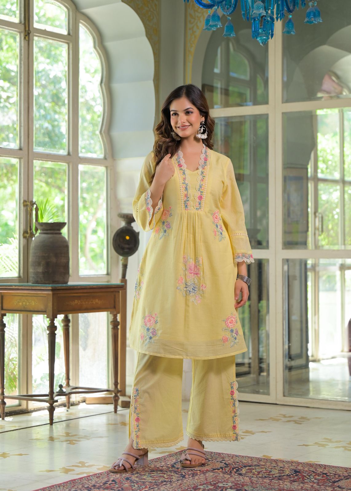 Blush Bloom Lemon Floral Embroidered Mul Cotton Co-ord Set