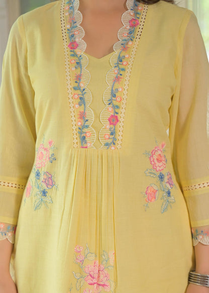 Blush Bloom Lemon Floral Embroidered Mul Cotton Co-ord Set