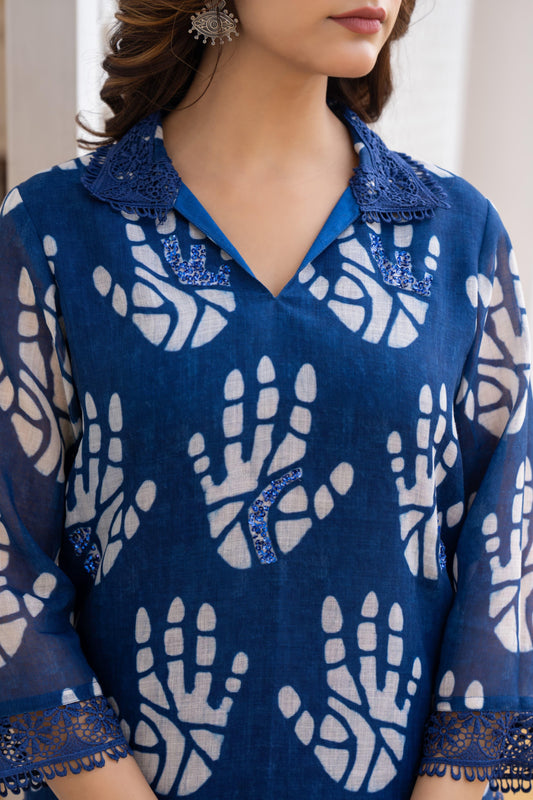 Indigo Petal Hand block Tulip Pant Co-Ord Set