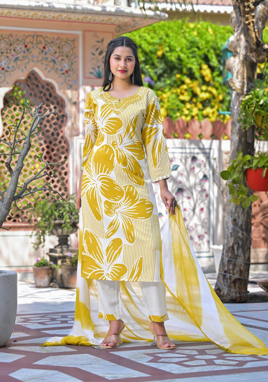 Yellow Blossom Rayon Cotton Readymade Suit